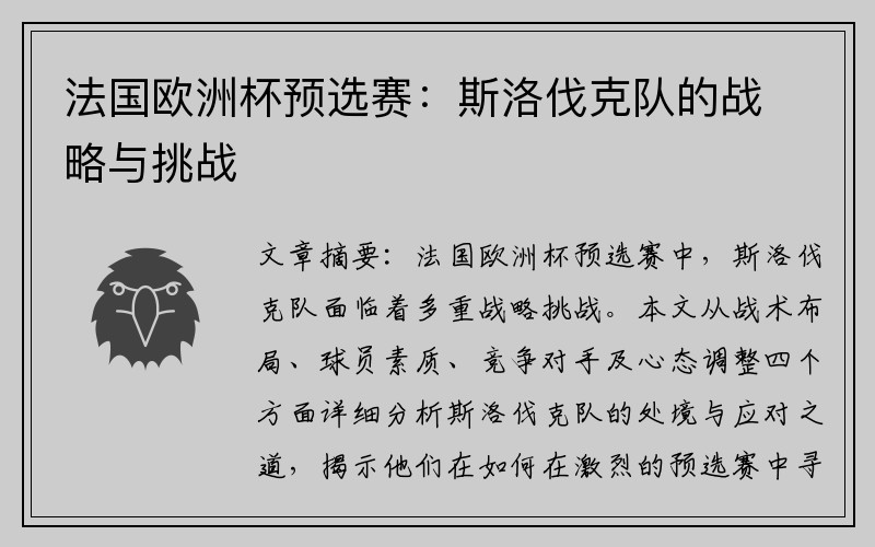 法国欧洲杯预选赛：斯洛伐克队的战略与挑战