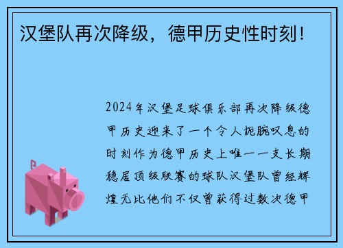汉堡队再次降级，德甲历史性时刻！