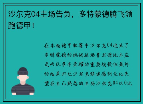 沙尔克04主场告负，多特蒙德腾飞领跑德甲！